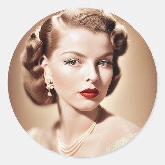 Portrait of a beautiful classic pinup 1950 round sticker