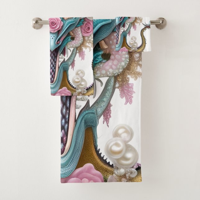 Portrait of a beautiful whimsical pink dragon head bath towel set (Insitu)