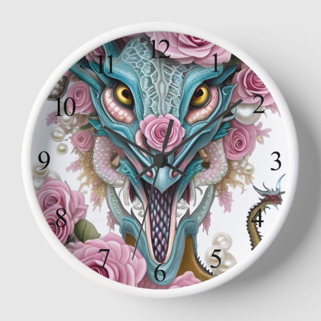 Portrait of a beautiful whimsical pink dragon head clock (Front)
