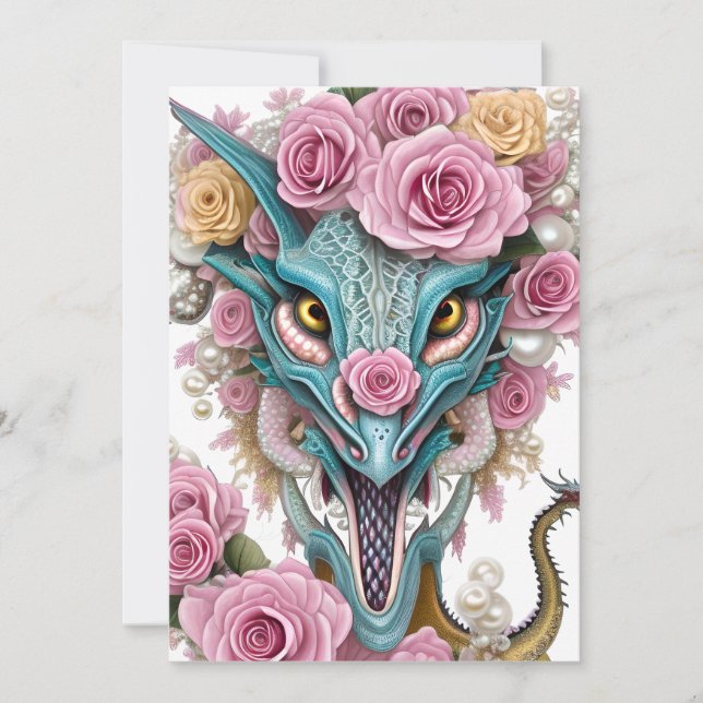 Portrait of a beautiful whimsical pink dragon head holiday card (Front)