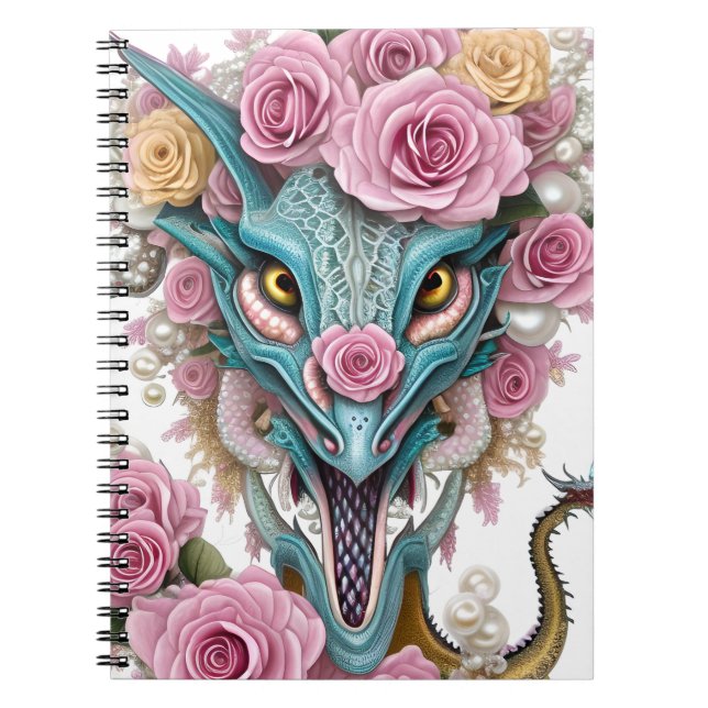 Portrait of a beautiful whimsical pink dragon head notebook (Front)