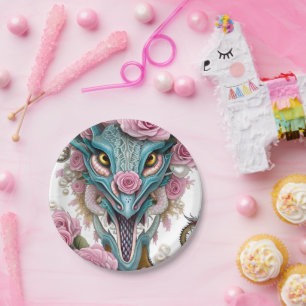 Portrait of a beautiful whimsical pink dragon head paper plate