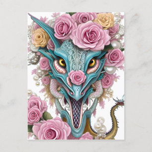 Portrait of a beautiful whimsical pink dragon head postcard