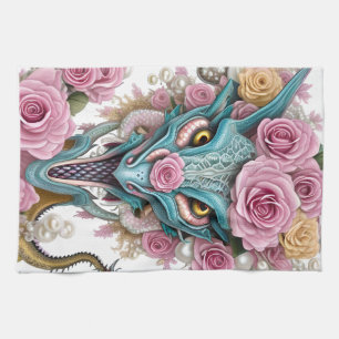 Portrait of a beautiful whimsical pink dragon head tea towel
