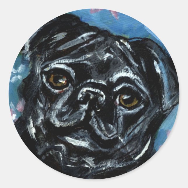 Portrait of a Black Pug Classic Round Sticker (Front)