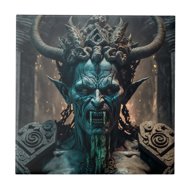 Portrait of a blue demon ceramic tile (Front)
