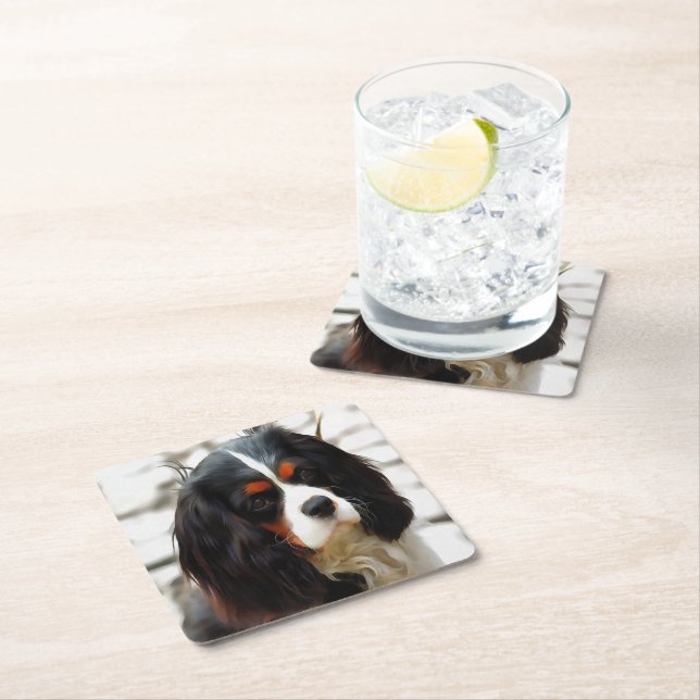 Portrait Of A Cavalier King Charles Spaniel Square Paper Coaster (Insitu)