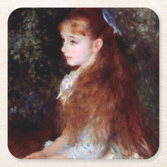 Portrait of a Girl with Blue Ribbon, Renoir Square Paper Coaster (Front)