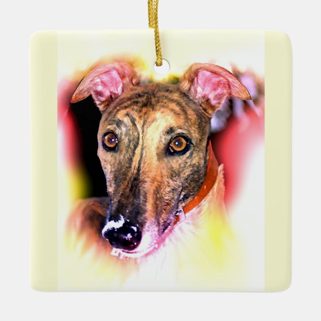Portrait of a greyhound dog ceramic ornament (Front)