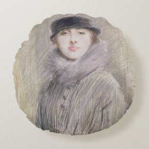 Portrait of a Lady with a Fur Collar and Muff Round Cushion