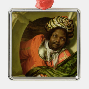 Portrait of a Moor holding a flag at a window Metal Ornament