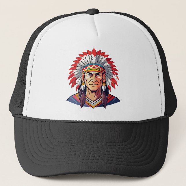 Portrait of a Native American old Chief Trucker Hat (Front)