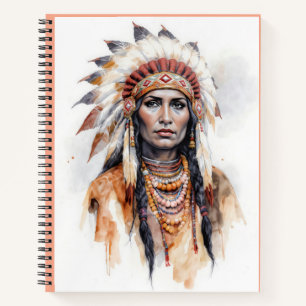 Portrait of a native American woman watercolor pai Notebook
