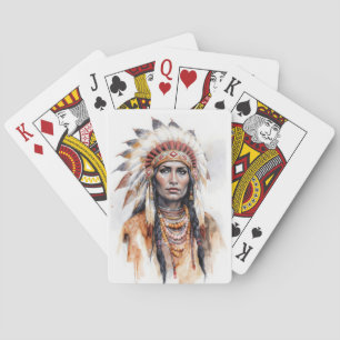 Portrait of a native American woman watercolor pai Playing Cards