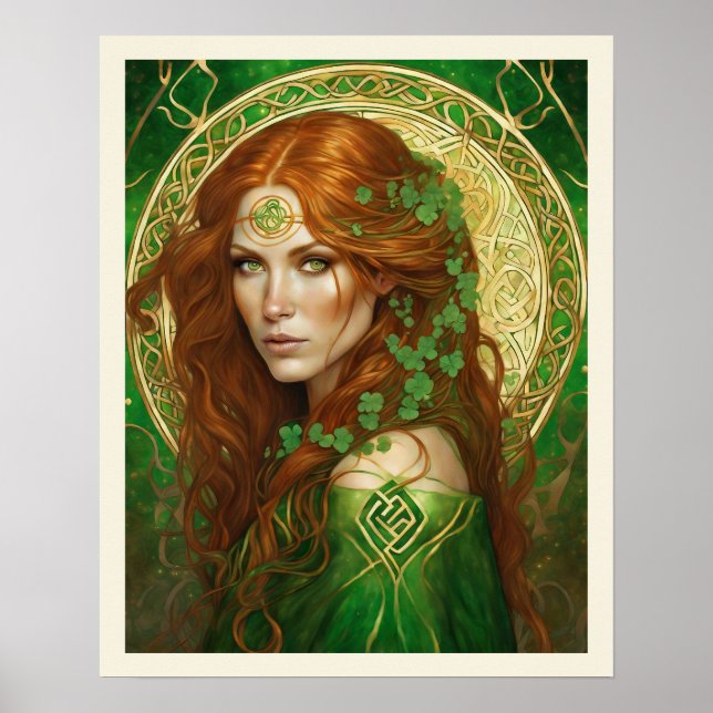 Portrait of a Woman in Shamrock Green Celtic Gold Poster (Front)