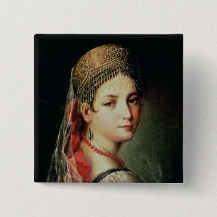 Portrait of a Young Girl in Sarafan and 15 Cm Square Badge