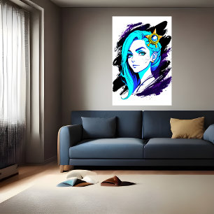 Portrait of a young lady blue hair AI Art Poster