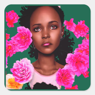 Portrait of a young woman surrounded by flowers square sticker