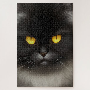 Portrait of Angry Fluffy Black Persian Cat Face Jigsaw Puzzle