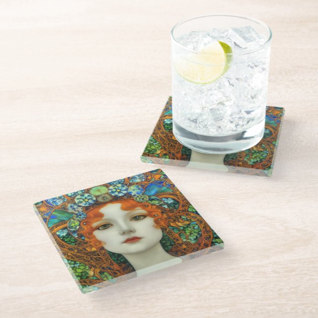Portrait of Beautiful Woman in Stained Glass Style Coaster (Angled)