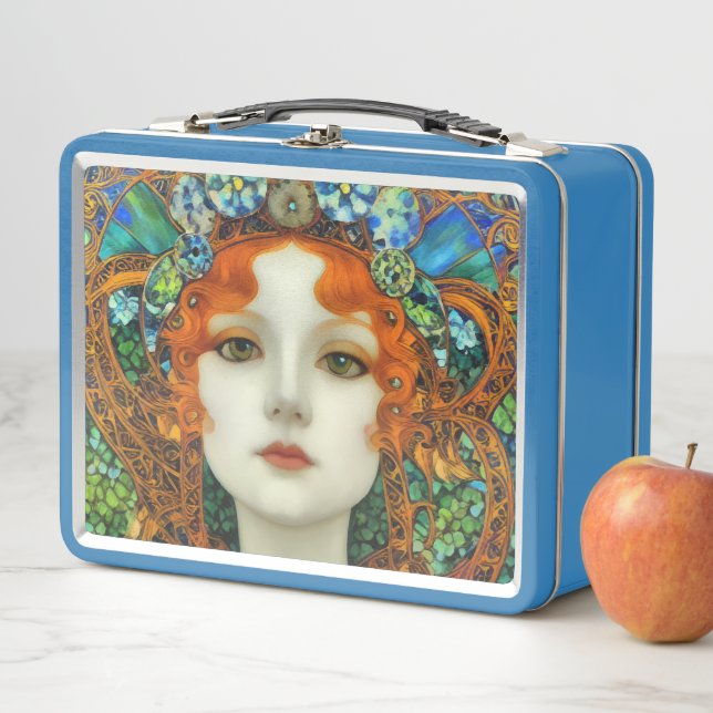 Portrait of Beautiful Woman in Stained Glass Style Metal Lunch Box (In Situ)