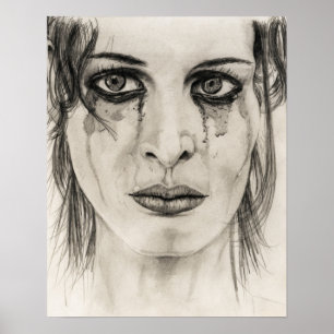 Portrait of crying girl - Drawing in pencil Poster
