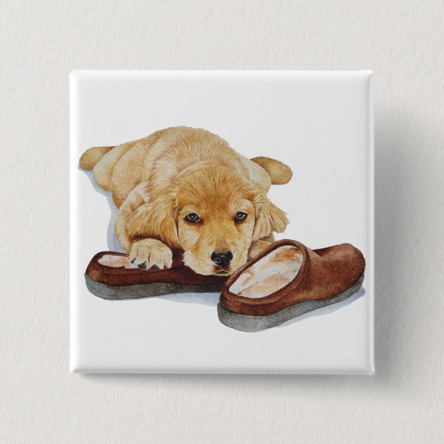 portrait of cute golden retriever puppy dog 15 cm square badge (Front)