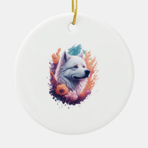 Portrait of Dog - Samoyed Flowers Splash Ceramic Ornament