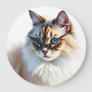 Portrait of Fluffy Ragdoll Cat with Blue Eyes Large Clock