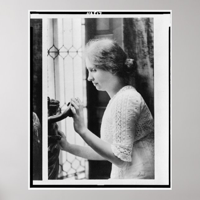 Portrait of Helen Keller Touching a Statue Poster (Front)