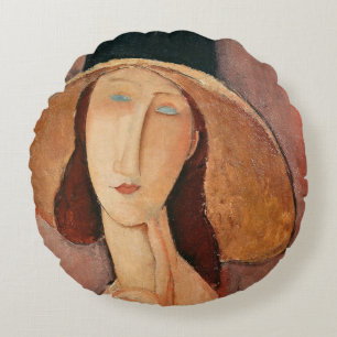 Portrait of Jeanne Hebuterne in a large hat Round Cushion
