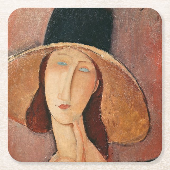 Portrait of Jeanne Hebuterne in a large hat Square Paper Coaster (Front)