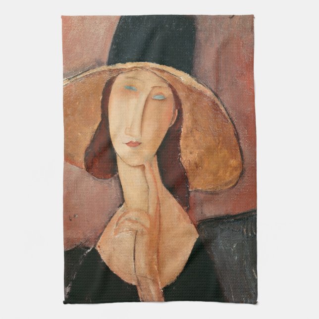 Portrait of Jeanne Hebuterne in a large hat Tea Towel (Vertical)