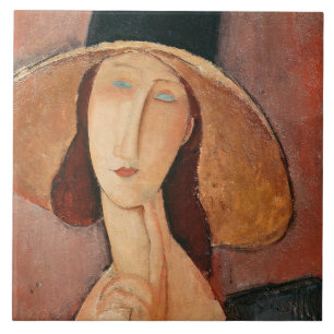 Portrait of Jeanne Hebuterne in a large hat Tile