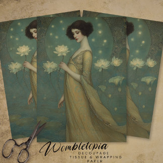 Portrait of Lady in Magical Lotus Garden Decoupage Tissue Paper