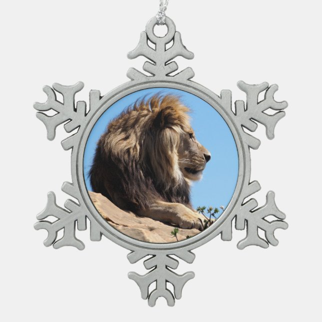 Portrait of lion seen from profile  snowflake pewter christmas ornament (Front)