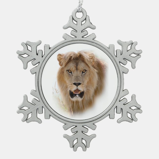 Portrait of lion snowflake pewter christmas ornament (Front)