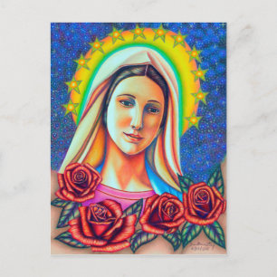 Portrait of Mother Mary with Red Roses Postcard