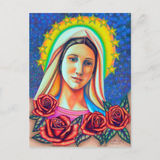 Portrait of Mother Mary with Red Roses Postcard