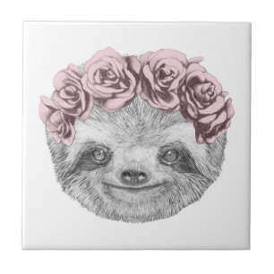 Portrait Of Sloth Floral Head Wreath Ceramic Tile