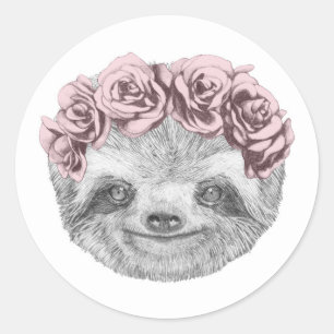 Portrait Of Sloth Floral Head Wreath Classic Round Sticker