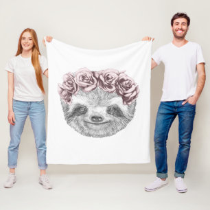 Portrait Of Sloth Floral Head Wreath Fleece Blanket