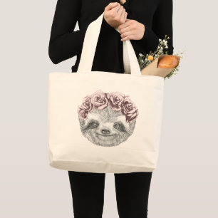 Portrait Of Sloth Floral Head Wreath Large Tote Bag