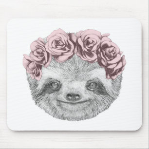 Portrait Of Sloth Floral Head Wreath Mouse Pad