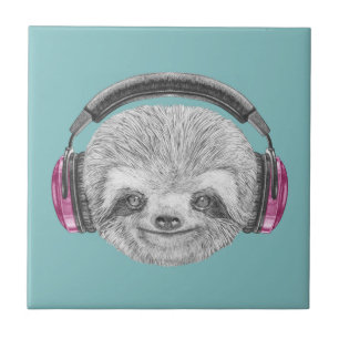 Portrait Of Sloth Wearing Headphones Ceramic Tile