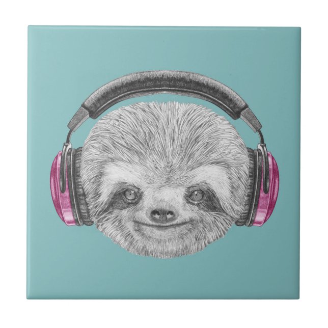 Portrait Of Sloth | Wearing Headphones Ceramic Tile (Front)