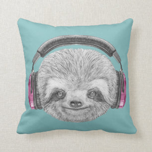 Portrait Of Sloth   Wearing Headphones Cushion
