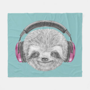 Portrait Of Sloth Wearing Headphones Fleece Blanket