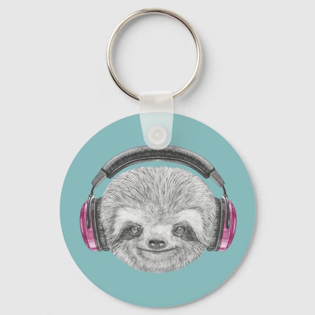 Portrait Of Sloth | Wearing Headphones Key Ring (Front)