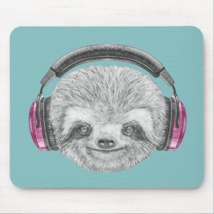 Portrait Of Sloth Wearing Headphones Mouse Pad